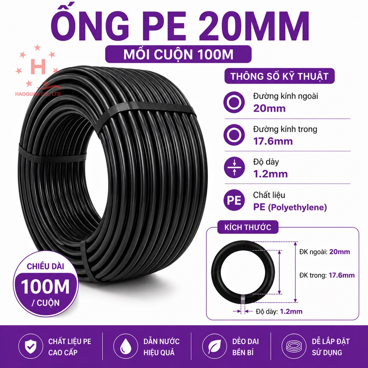 Ống PE 20mm, dầy 1.2mm, 100m/cuộn